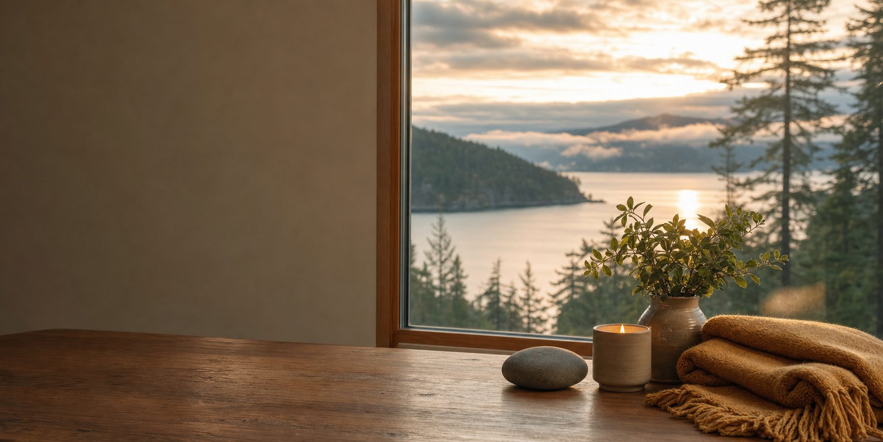 A calm window-side table with a smooth river stone, a small candle, and a soft throw, looking out over a Pacific Northwest coastline as the weather clears at golden hour.