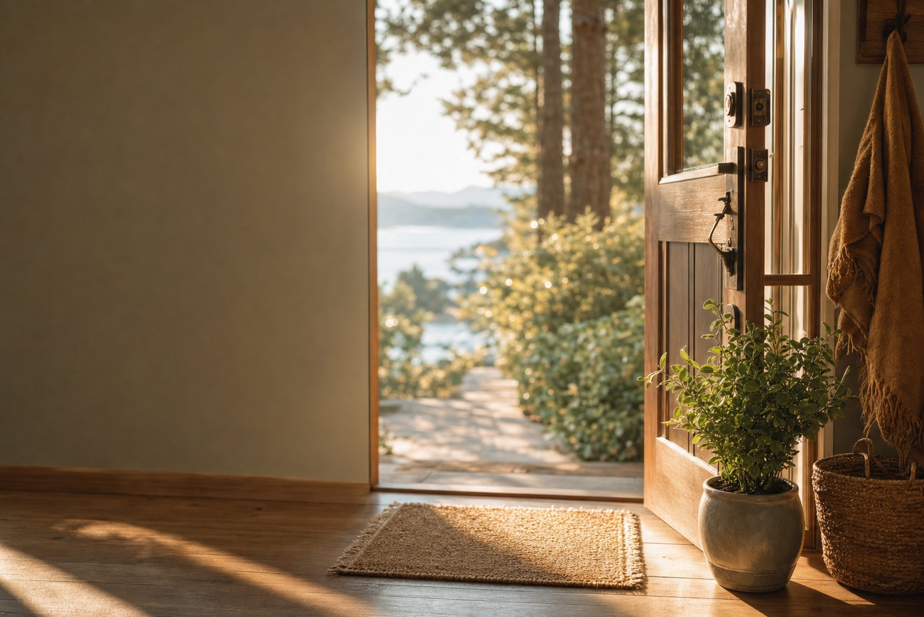 A welcoming open front door and entryway filled with warm, inviting light.