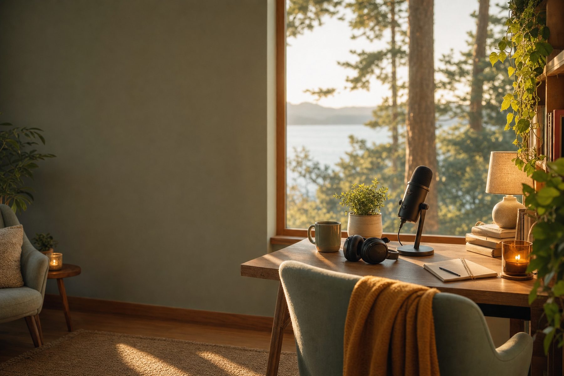 A warm podcast and recording desk setup with a microphone and soft studio lighting.