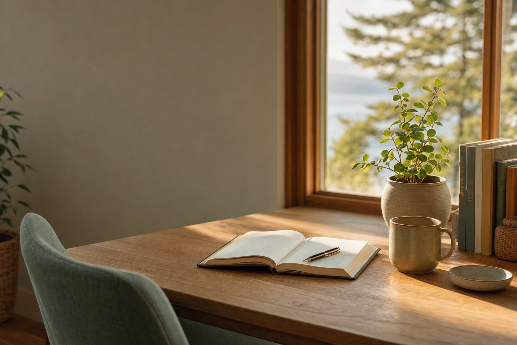 A tidy wooden desk with an open notebook beside a softly lit window.