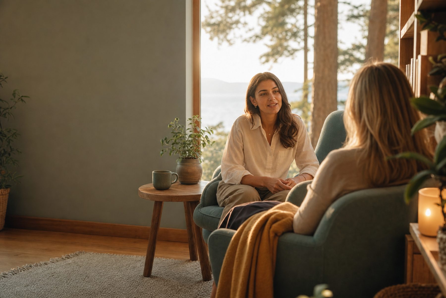 Two people in a warm, light-filled room having a calm counselling conversation.